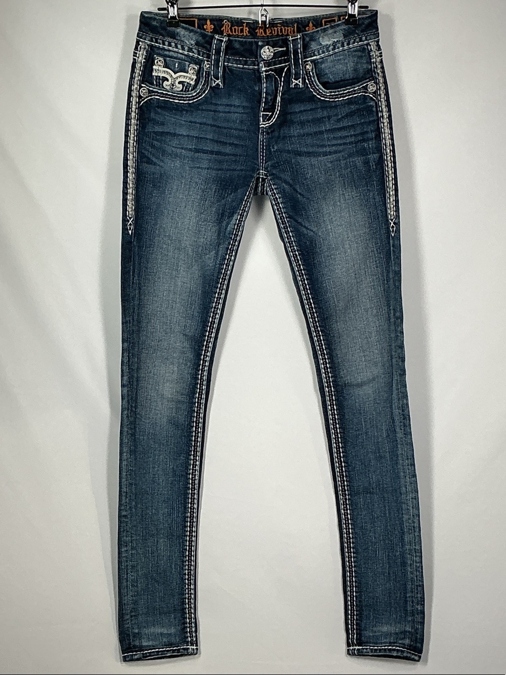 Rock Revival Kira Blue Skinny Jeans 25 Thick Stitch Bling Y2K Western Denim Pant